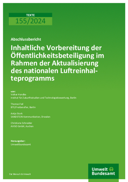 Inhaltliche Vorbereitung der Öffentlichkeitsbeteiligung im Rahmen der Aktualisierung des nationalen Luftreinhalteprogramms