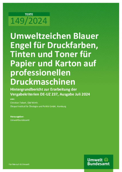 Umweltzeichen Blauer Engel für Druckfarben, Tinten und Toner für Papier und Karton auf professionellen Druckmaschinen DE-UZ 237